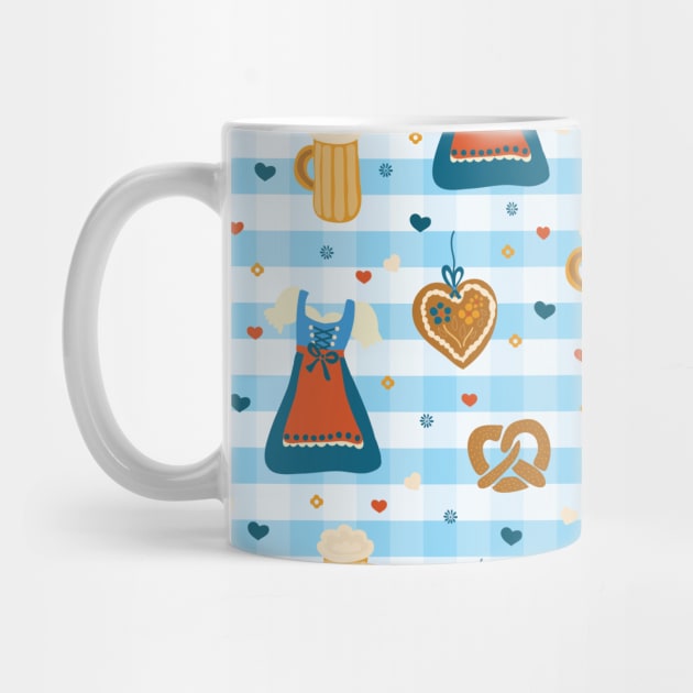 Oktoberfest print. Dirndl dress, beer glasses, pretzels, and gingerbread hearts on a blue and white checkered background. by Sandra Hutter Designs